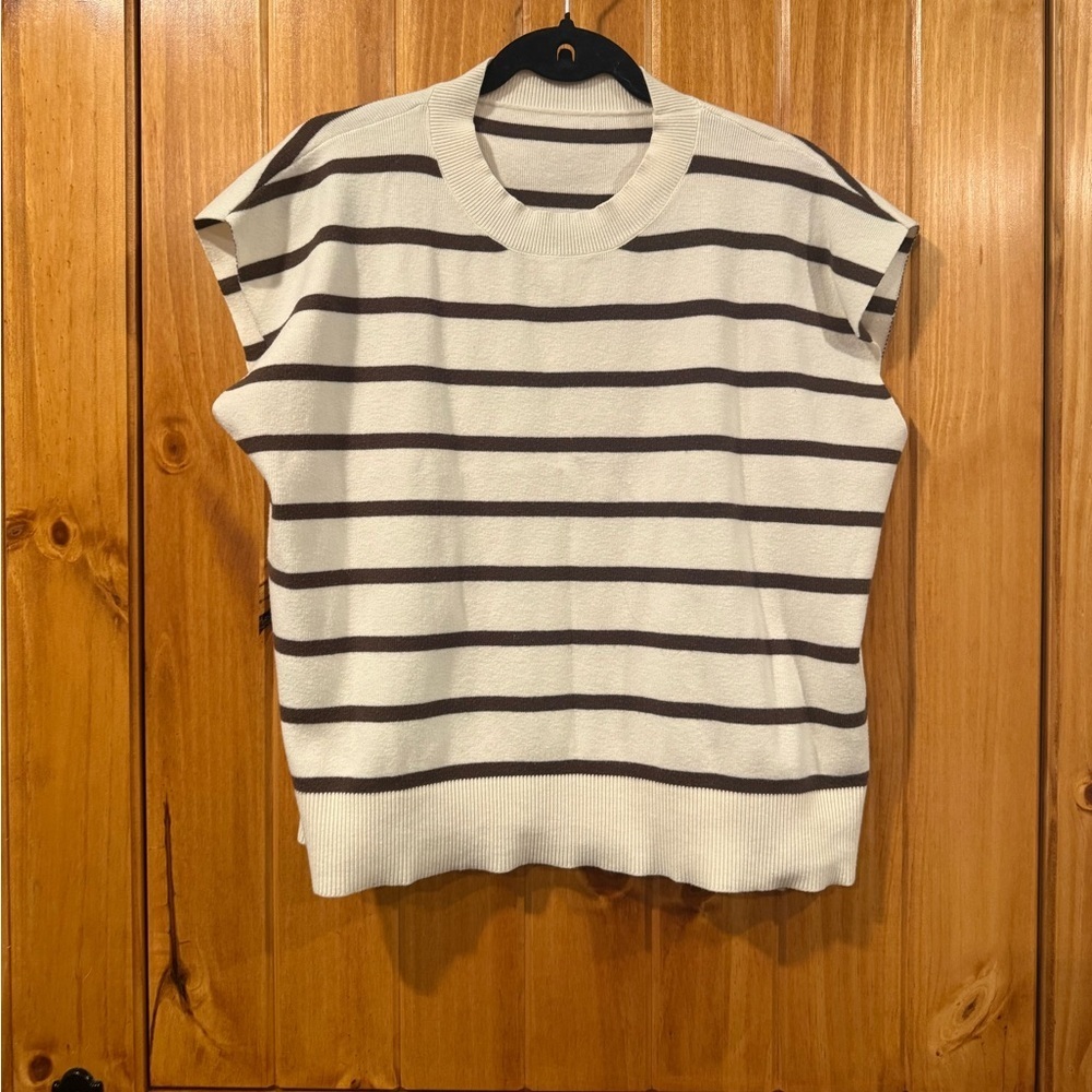SHEIN Cream and Brown Striped Short Sleeve Top - Picture 1 of 3